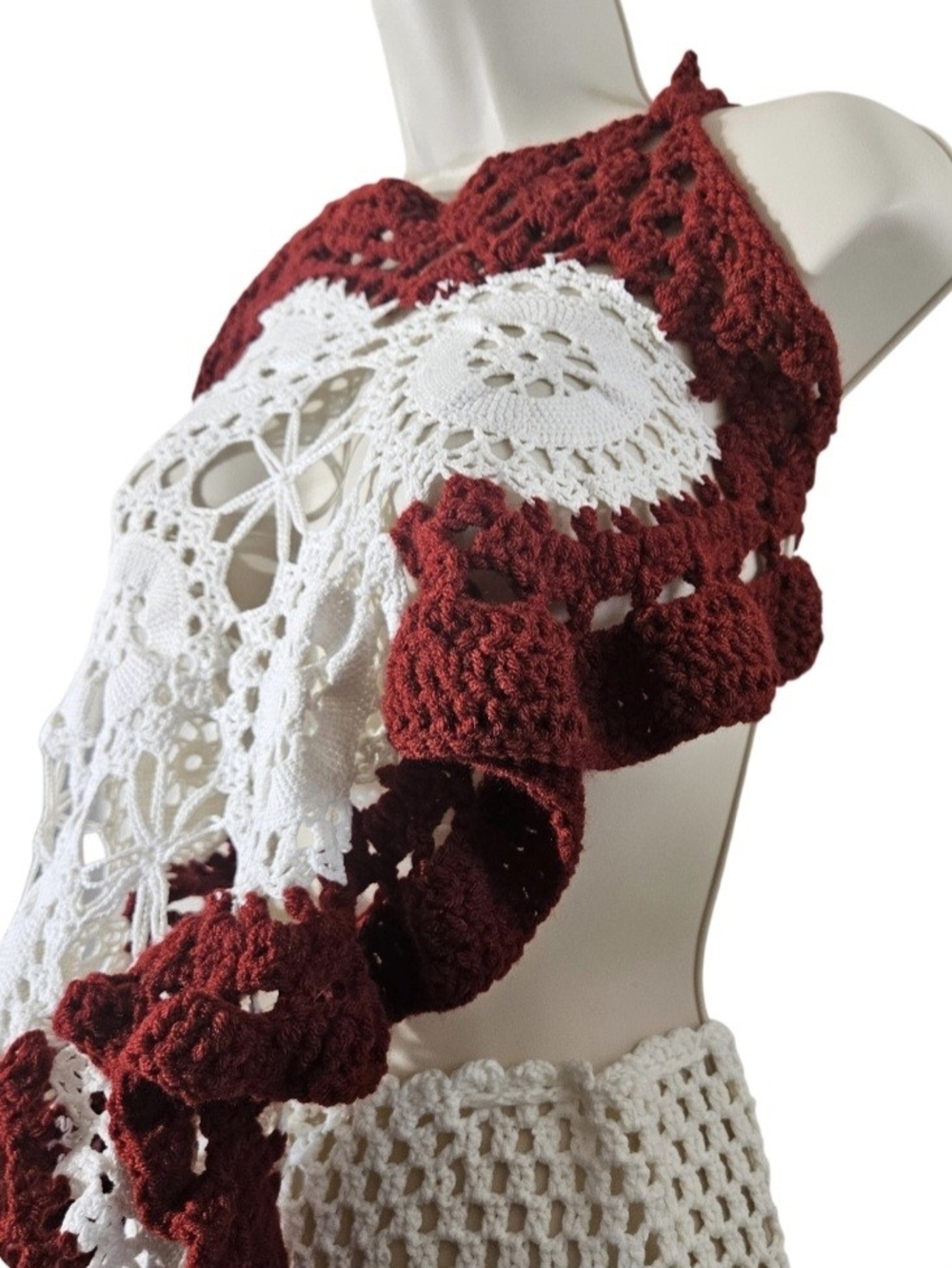 Hand Crafted White Burgundy Crochet Swim Coverup 2 Piece Set - Picture 6 of 17